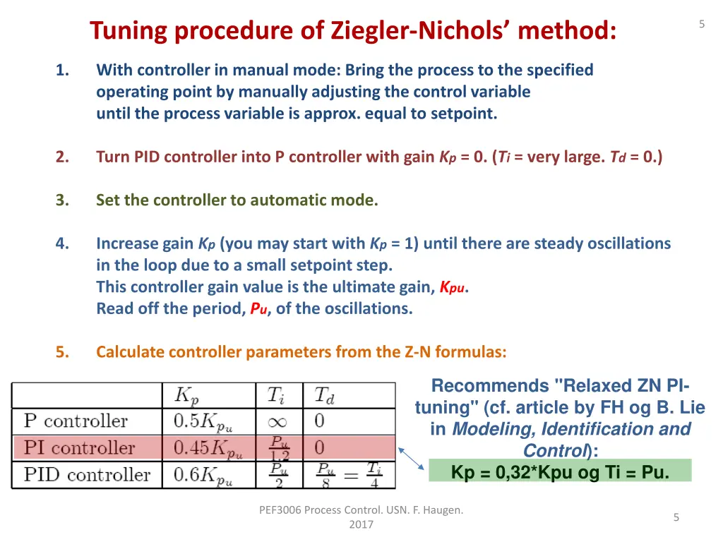 tuning procedure of ziegler nichols method
