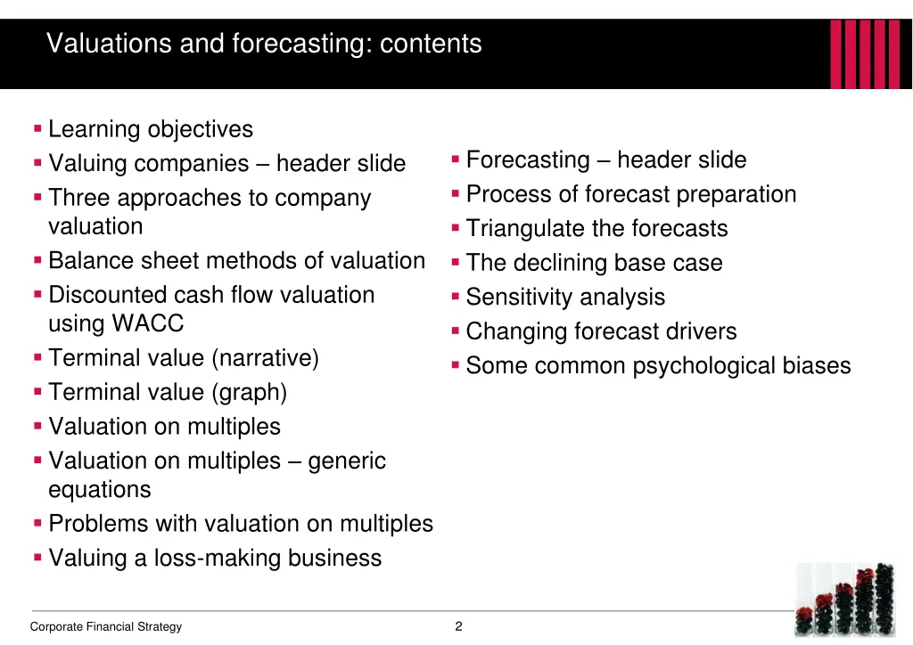 valuations and forecasting contents