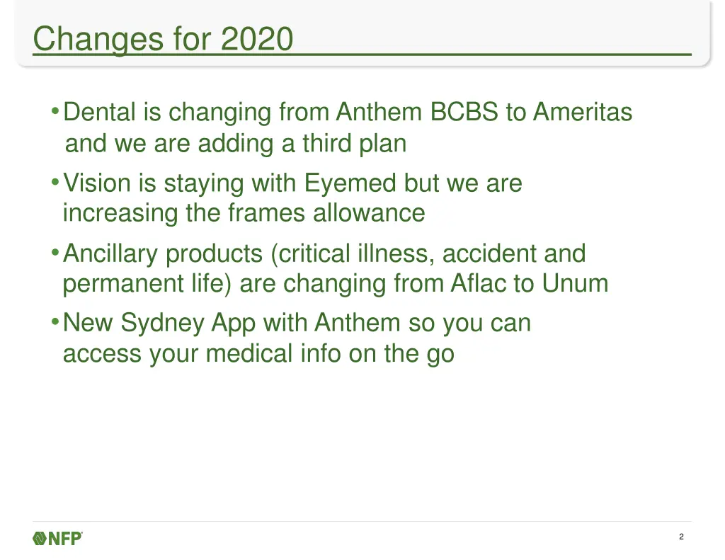changes for 2020