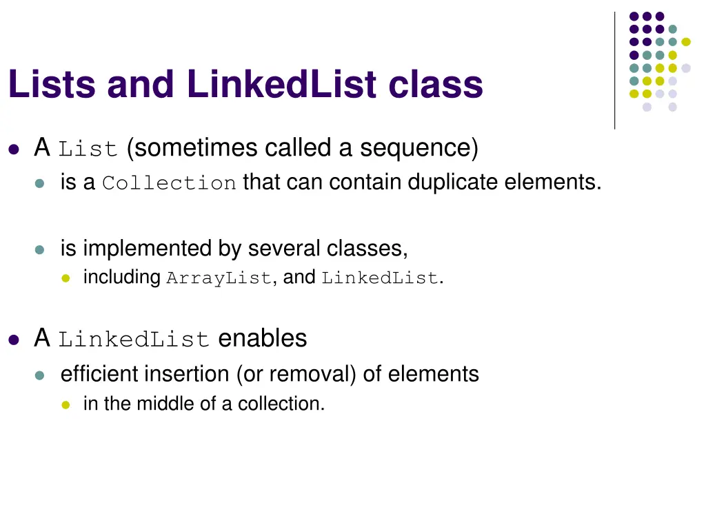 lists and linkedlist class