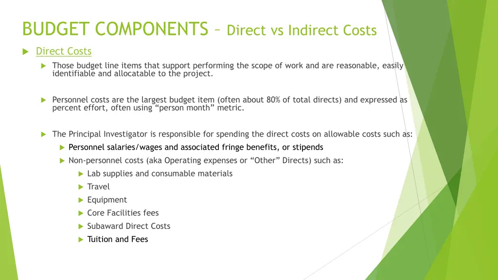 budget components direct vs indirect costs