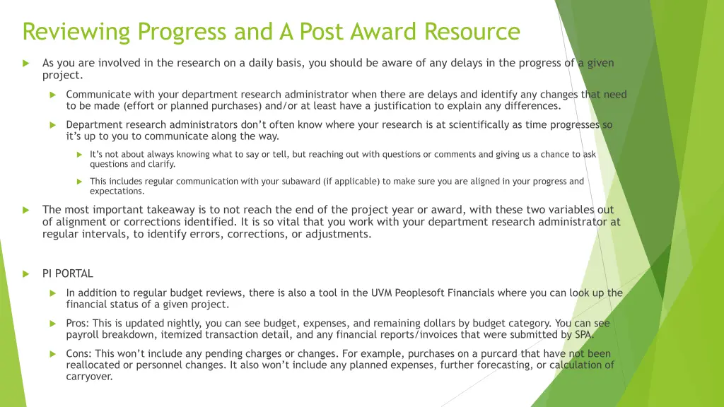 reviewing progress and a post award resource