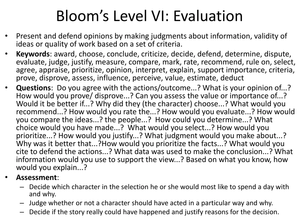 bloom s level vi evaluation