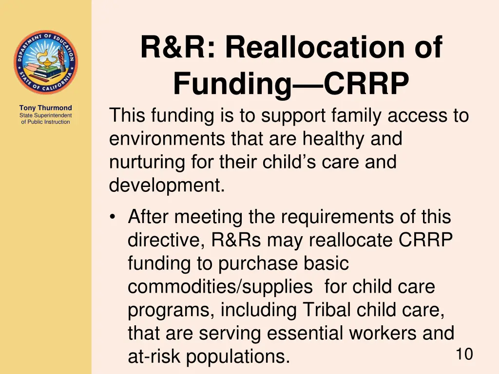 r r reallocation of funding crrp this funding