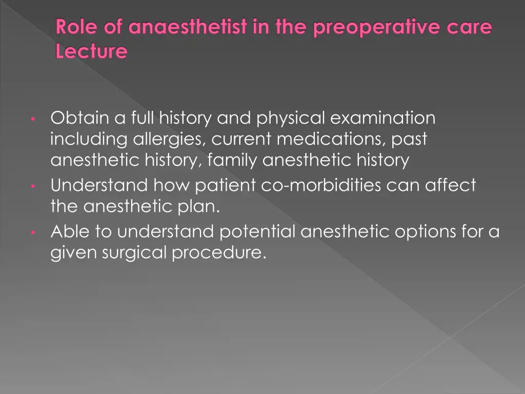 role of anaesthetist in the preoperative care