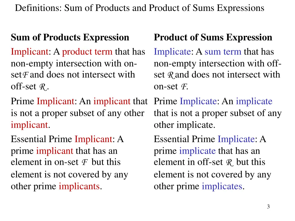 definitions sum of products and product of sums