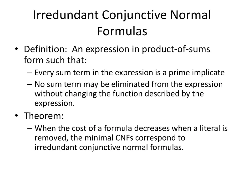 irredundant conjunctive normal formulas