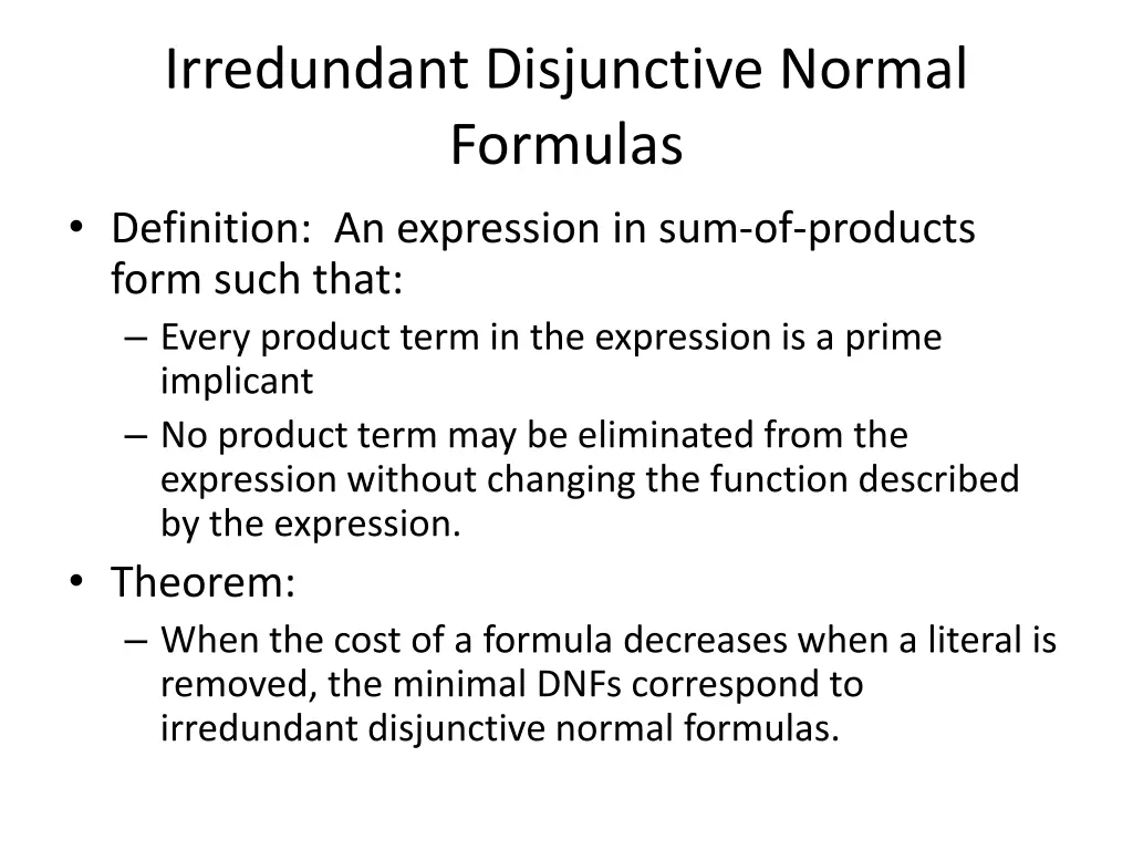 irredundant disjunctive normal formulas