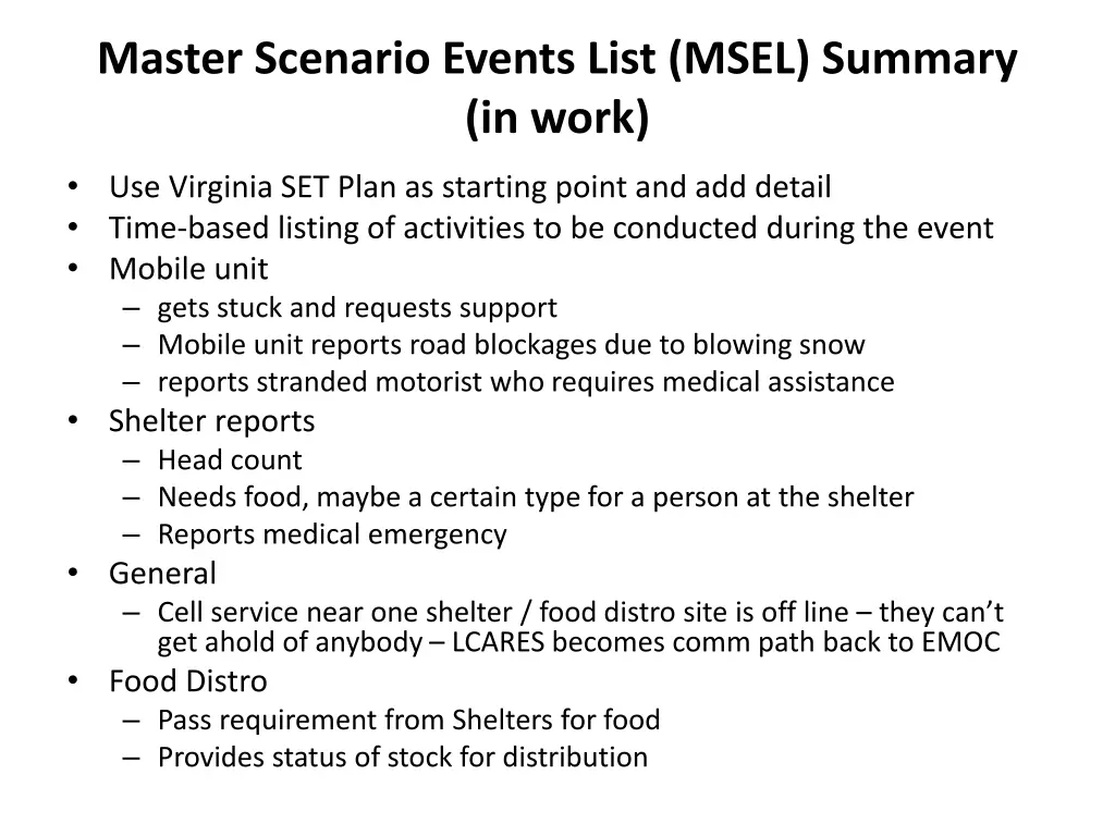 master scenario events list msel summary in work