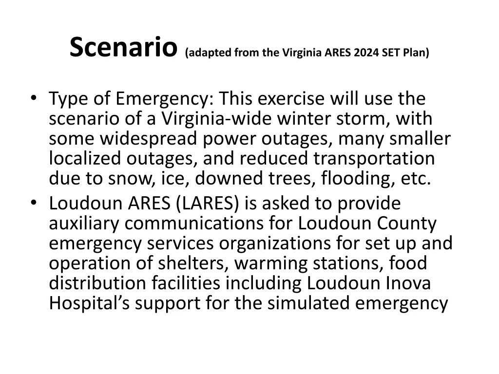 scenario adapted from the virginia ares 2024