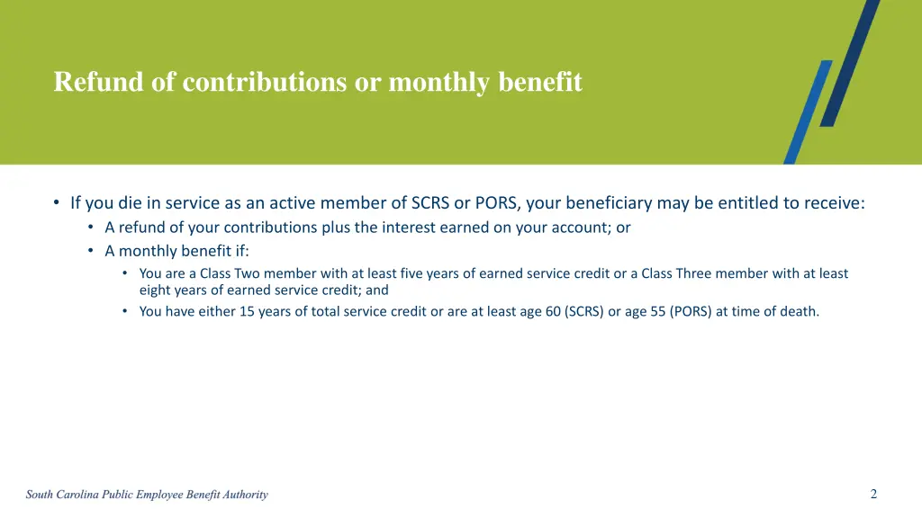 refund of contributions or monthly benefit