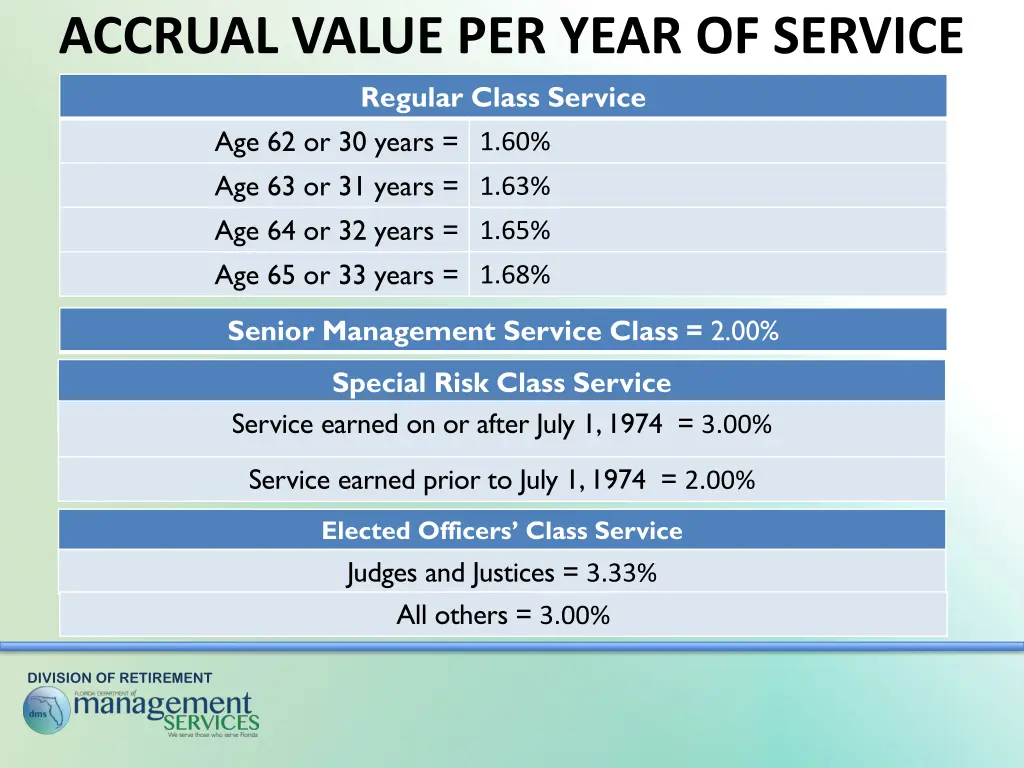 accrual value per year of service regular class