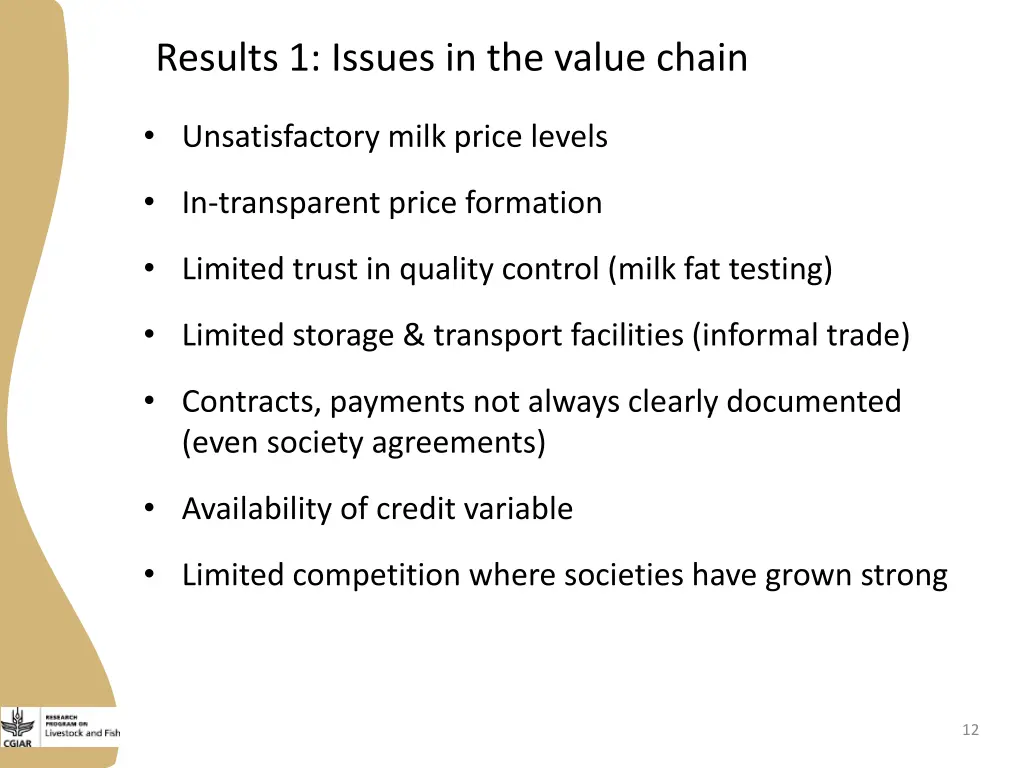 results 1 issues in the value chain