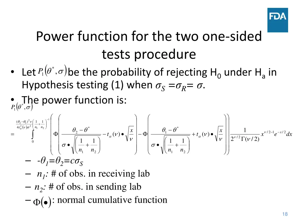 power function for the two one sided tests