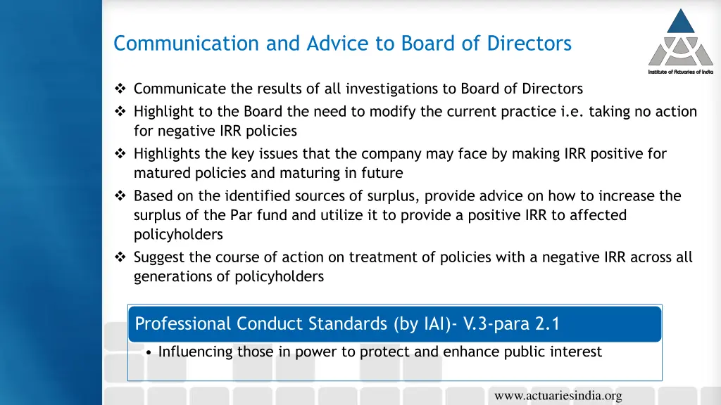 communication and advice to board of directors