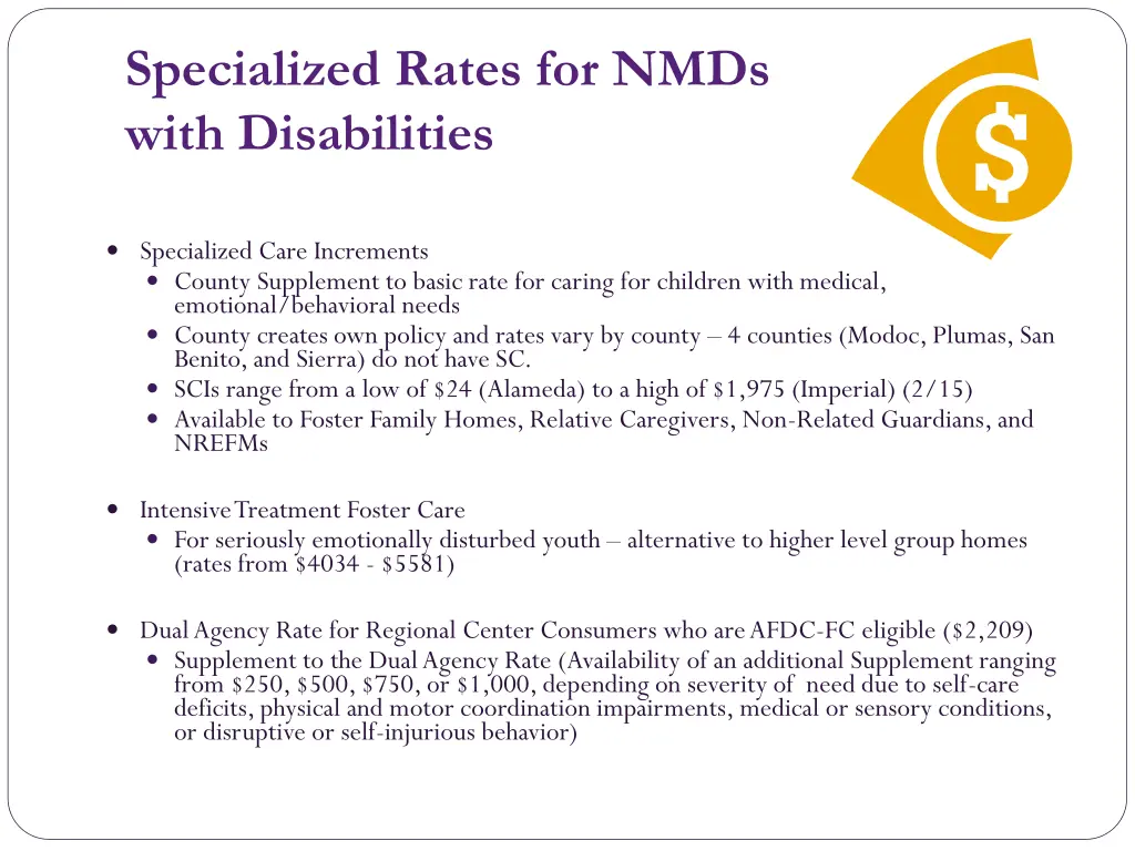 specialized rates for nmds with disabilities