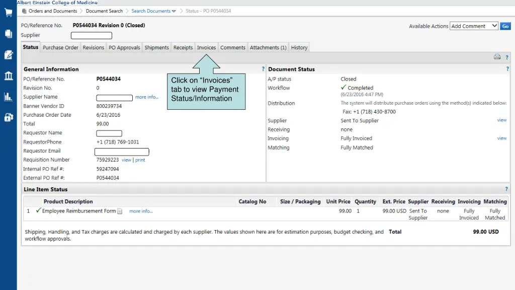 click on invoices tab to view payment status