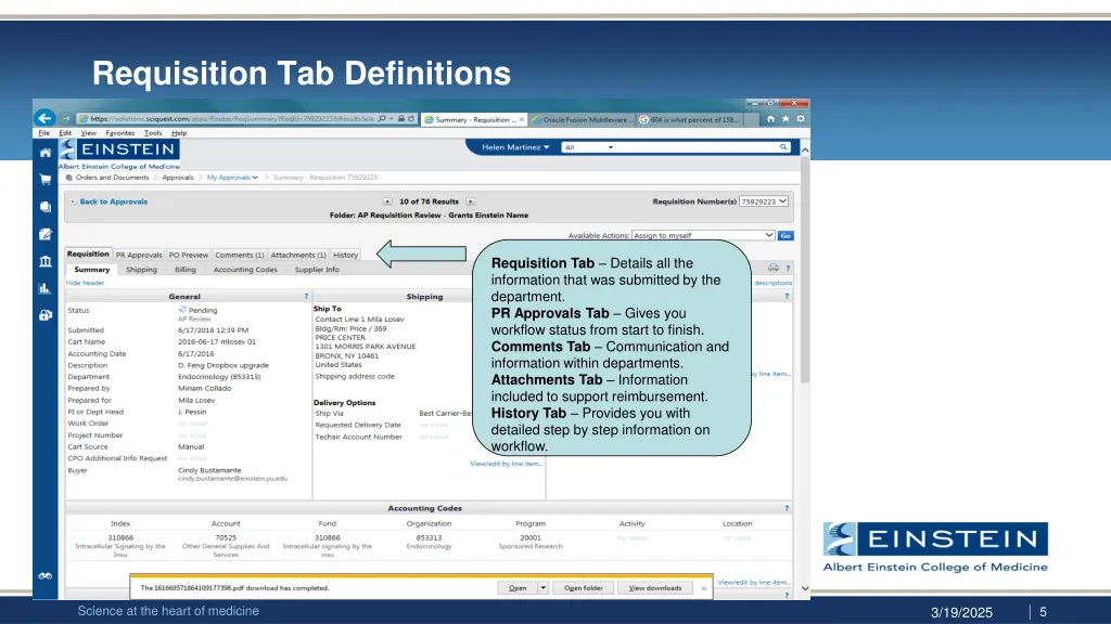 requisition tab definitions