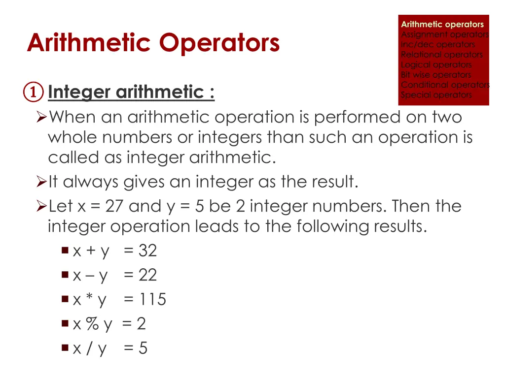 arithmetic operators assignment operators 1