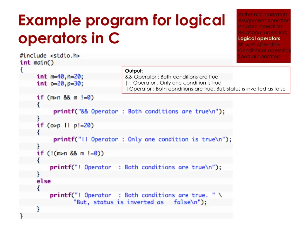 example program for logical operators in c