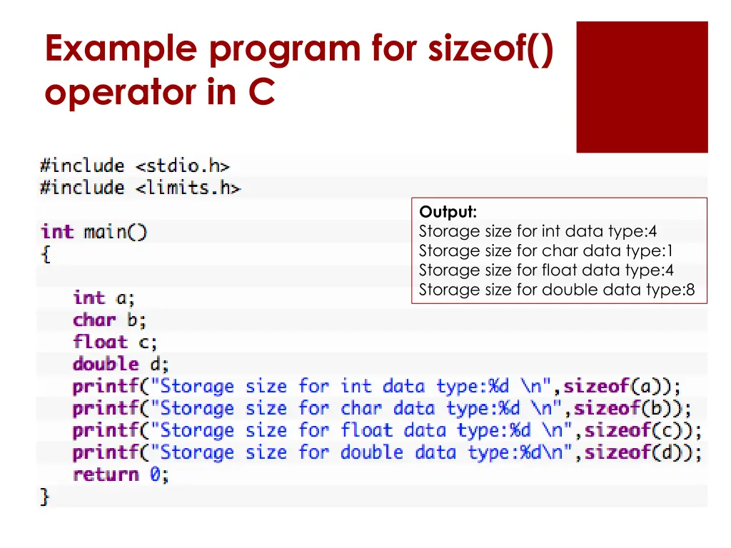 example program for sizeof operator in c
