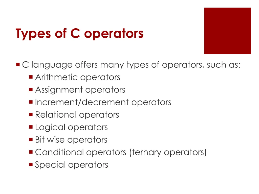 types of c operators