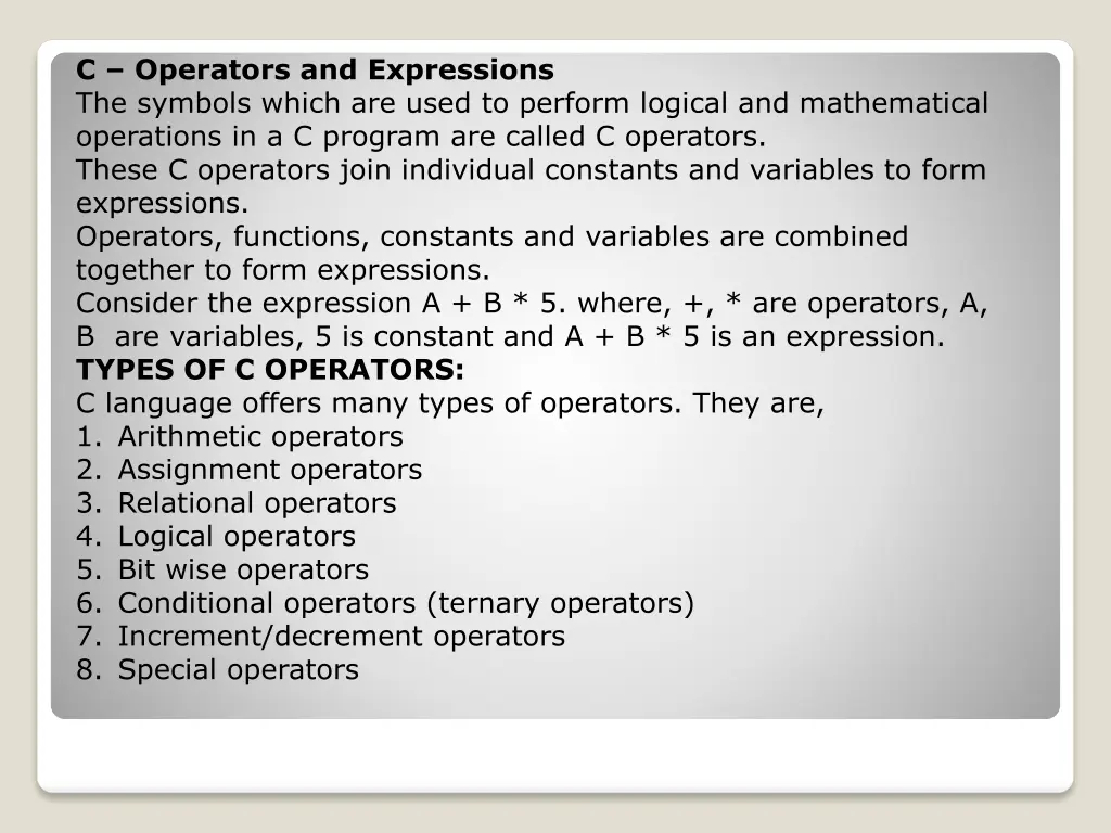 c operators and expressions the symbols which