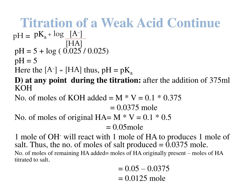titration of a weak acid continue pk a log a ha 1