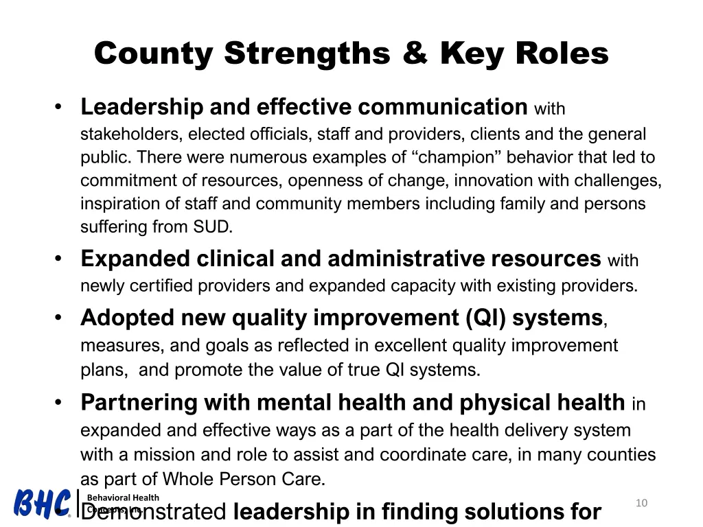 county strengths key roles