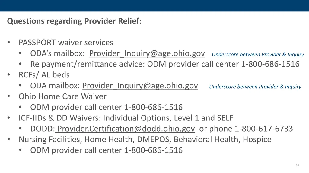 questions regarding provider relief