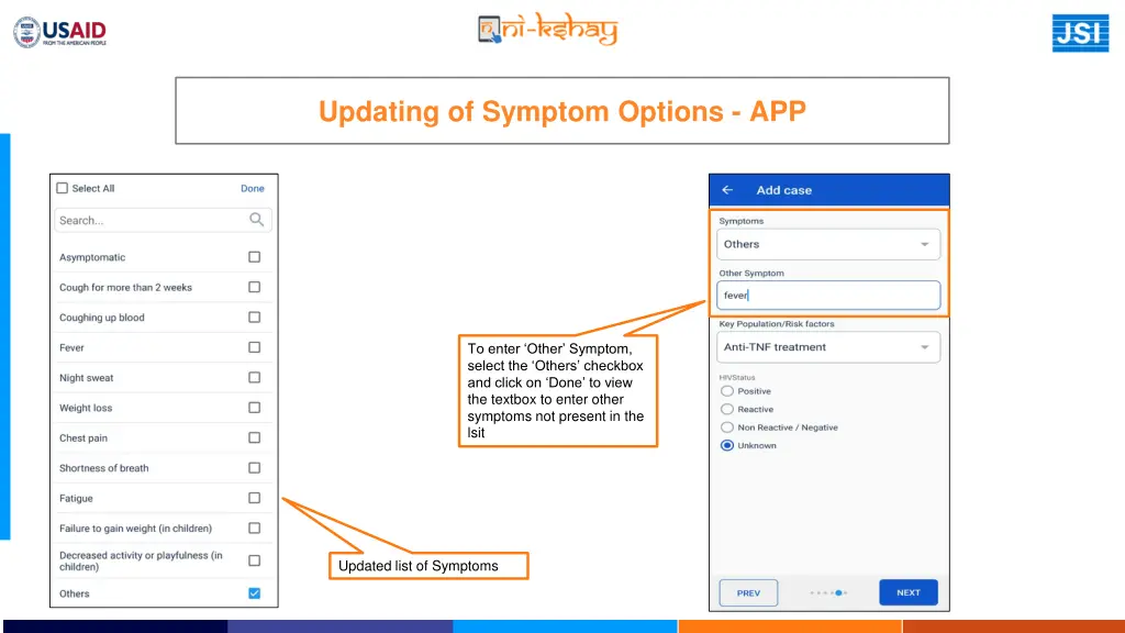 updating of symptom options app