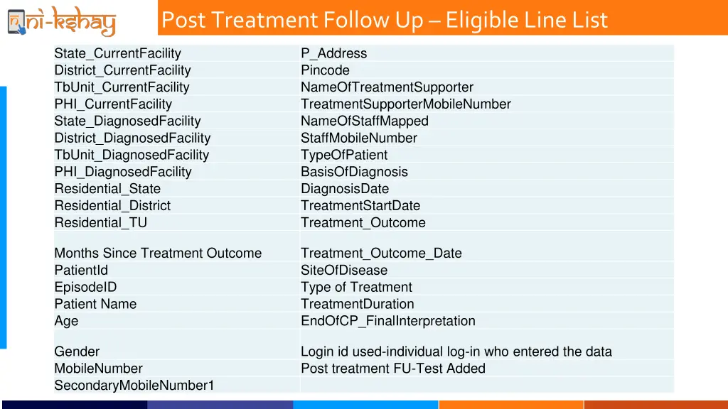 post treatment follow up eligible line list