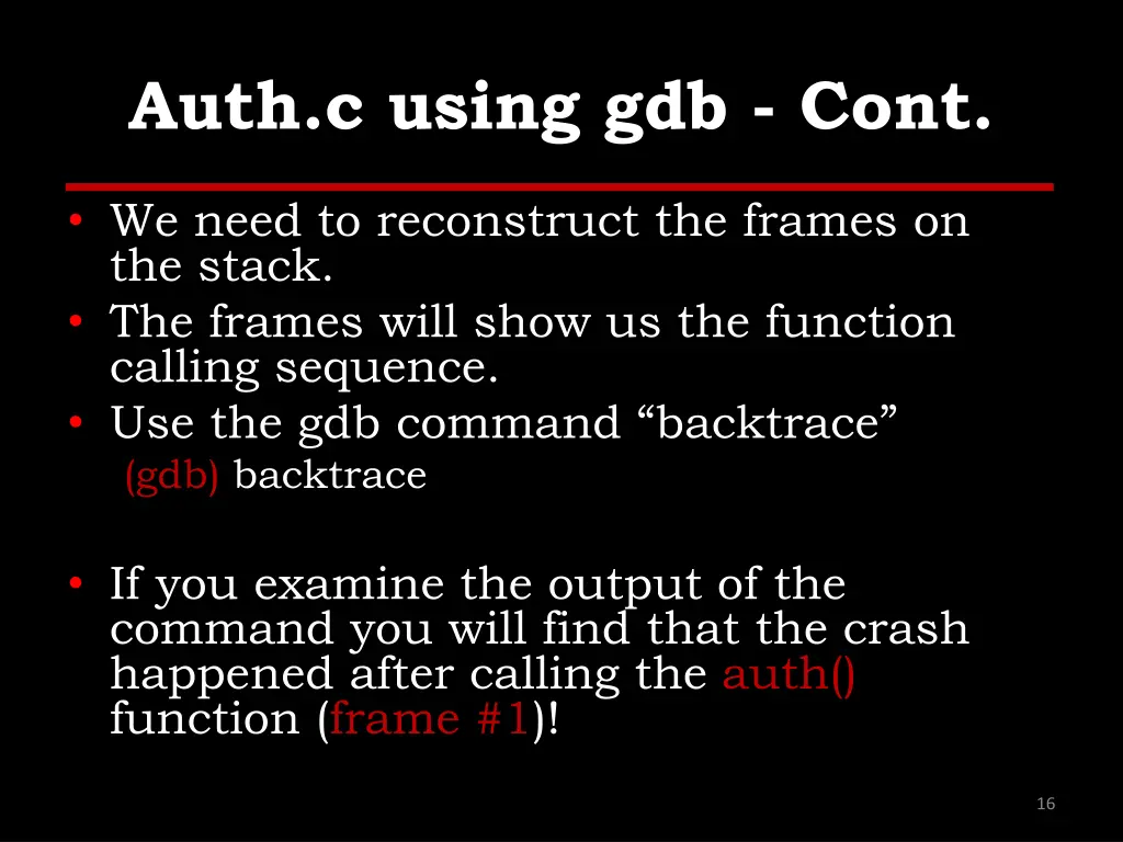 auth c using gdb cont 1