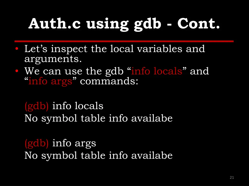 auth c using gdb cont 5