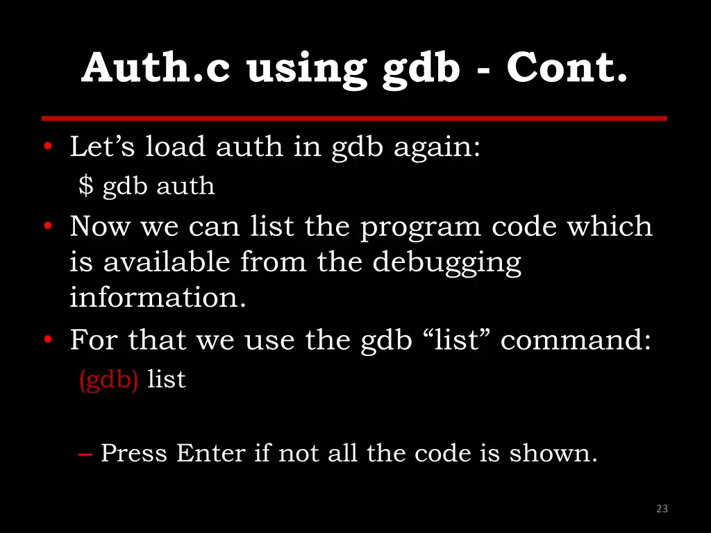 auth c using gdb cont 7