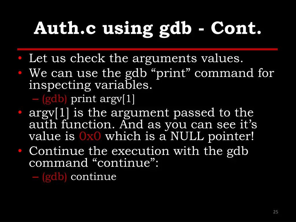auth c using gdb cont 9