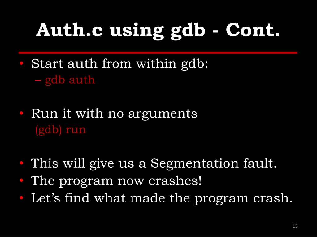 auth c using gdb cont