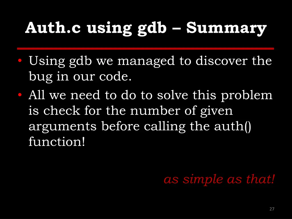 auth c using gdb summary
