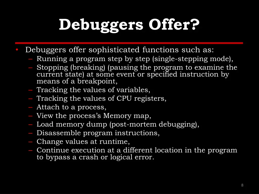 debuggers offer