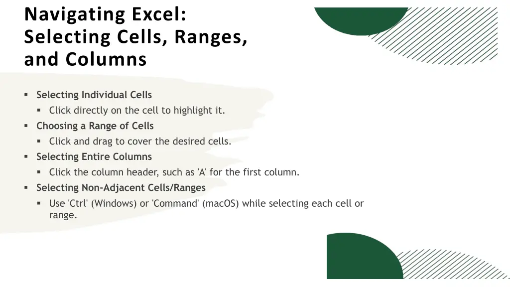 navigating excel selecting cells ranges