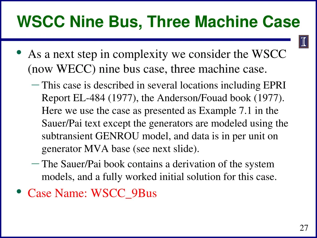 wscc nine bus three machine case