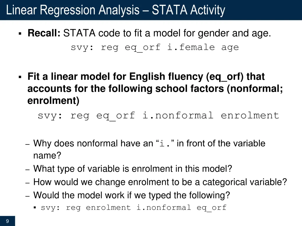 linear regression analysis stata activity