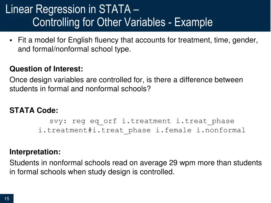 linear regression in stata controlling for other 1