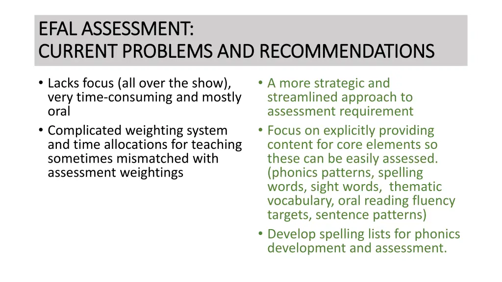 efal assessment efal assessment current problems