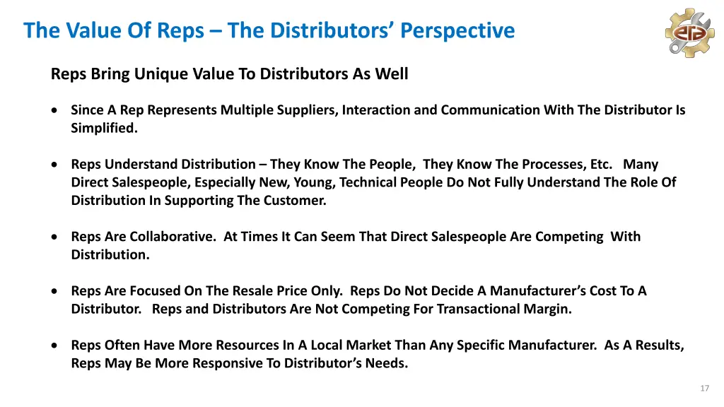 the value of reps the distributors perspective