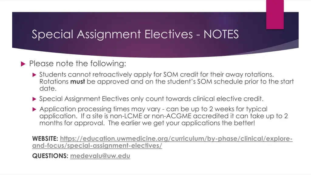 special assignment electives notes