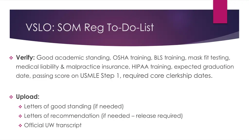 vslo som reg to do list