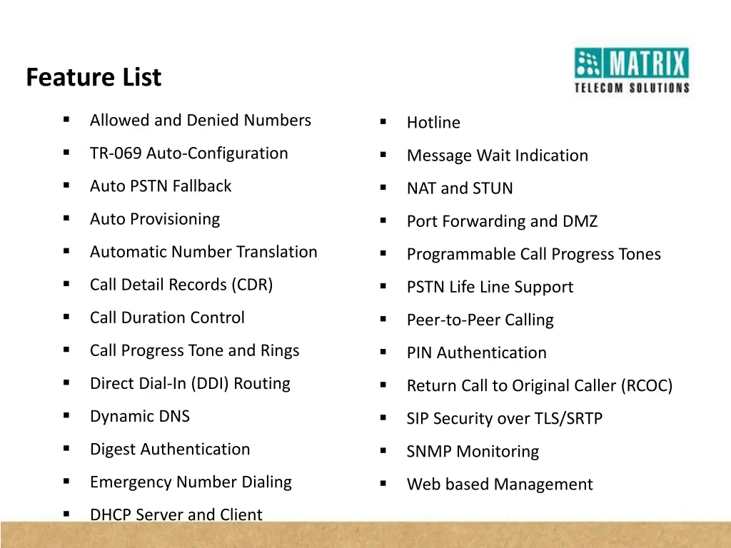 feature list