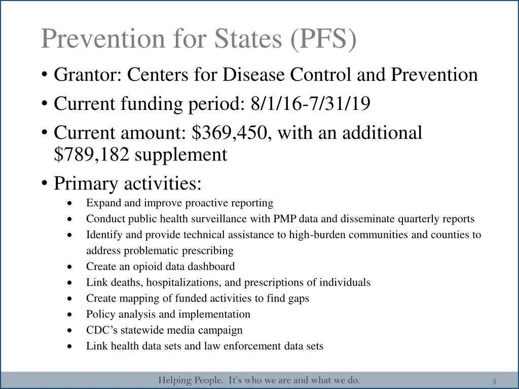 prevention for states pfs grantor centers