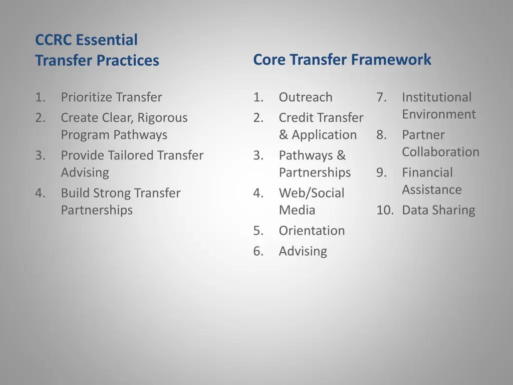ccrc essential transfer practices